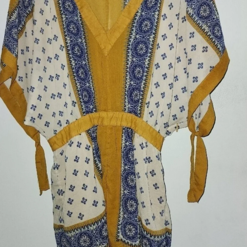 Free People Womens XS Santa Cruz Boho Kimono Mini Dress Mustard Yellow Blue - Picture 4 of 4